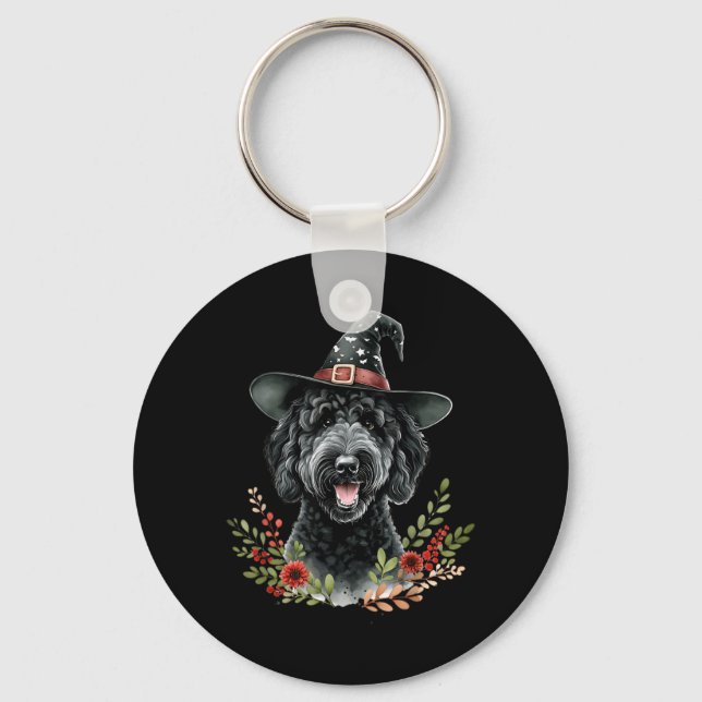 Porte-clés Chien Labradoodle noir Halloween aquarelle (Recto)