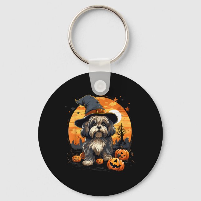 Porte-clés Chien Lhasa Apso sorcière d'Halloween effrayant (Recto)