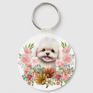 Porte-clés Chien maltais aux fleurs, Chien maltais mignon