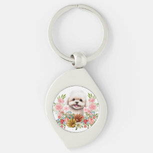 Porte-clés Chien maltais aux fleurs, Chien maltais mignon