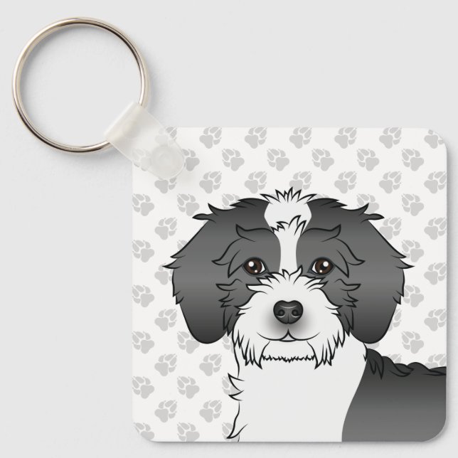 Porte-clés Chien Mini Goldendoodle Parti-couleur Noir & Nom (Recto)