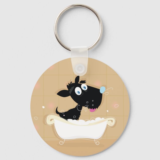 Porte-clés Chien noir mignon dessiné à la main dans le bain (Recto)