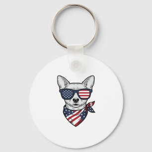 Porte-clés Chien Patriotique avec Lunettes de Soleil Drapeau