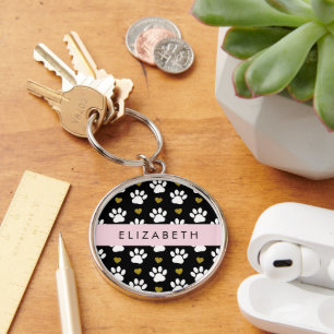 Porte-clés Chien Paws, White Paws, Gold Hearts, Votre Nom