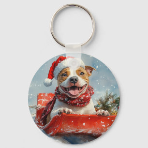 Porte-clés Chien Pitbull en Luge Laissez Tomber la Neige Noël