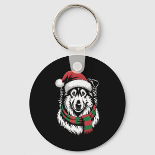 Porte-clés Chien Rough Collie Noël Chapeau Santa Écharpe Chri