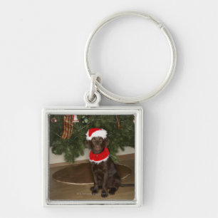 Porte-clés Chien se reposant par un arbre de Noël