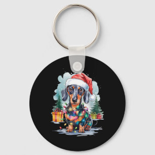 Porte-clés Chien teckel Chapeau de Père Noël Lumières de Noël