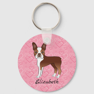 Porte-clés Chien Terrier Boston Rouge Sur Coeurs Roses Et Nom