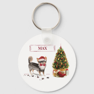 Porte-clés Chihuahua à poil long arbre de Noël drôle