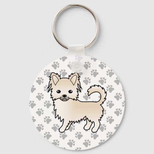 Porte-clés Chihuahua à poil long crème Chien de dessin animé  (Recto)