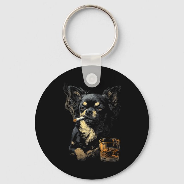 Porte-clés Chihuahua Smoking Cigarette Whisky Lover Funny Dog (Recto)