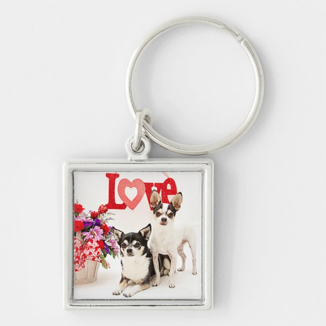Porte-clés Chihuahua's, Fleurs et Amour (Devant)