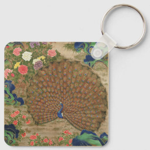 Porte-clés Chinoiserie Paon Bleu avec Jardin de Fleurs Exotiq