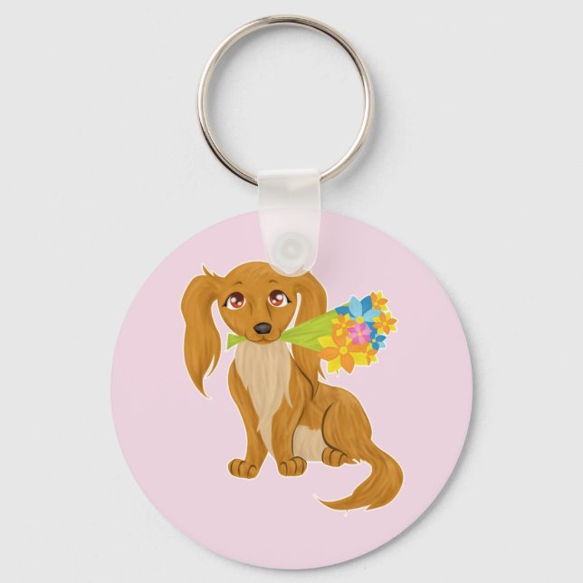 Porte-clés Chiot avec Bouquet de fleurs (Recto)