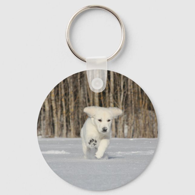 Porte-clés Chiot blanc Golden Retriever en neige (Recto)