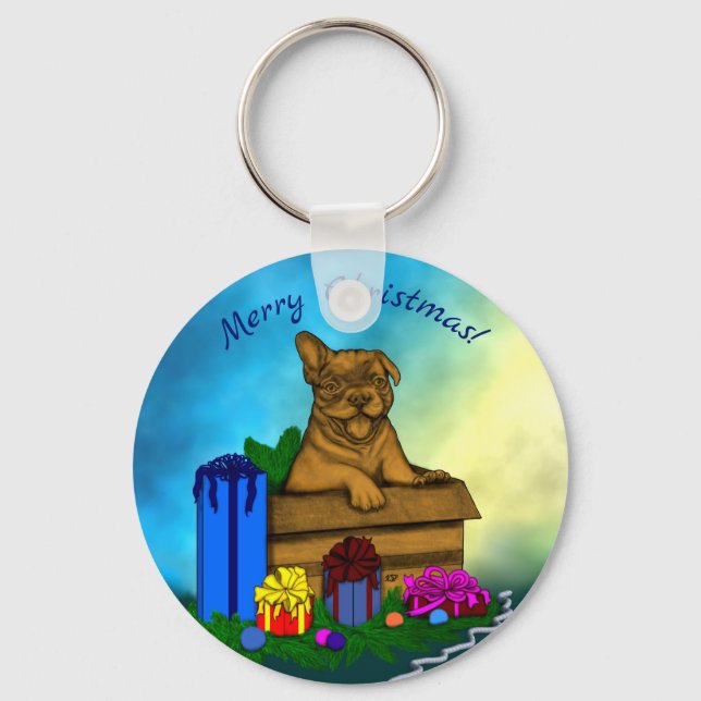 Porte-clés Chiot dans une boîte, Joyeux Noël (Recto)