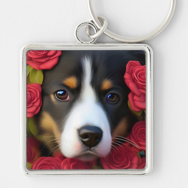Porte-clés Chiot de Corgi en roses rouges (Devant)