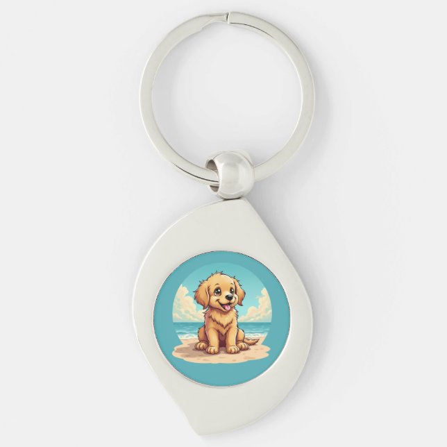 Porte-clés Chiot doré mignon sur une scène de plage ensoleill (Devant)