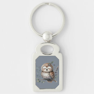 Porte-clés Chouette à l'aquarelle mignonne avec style boisé f