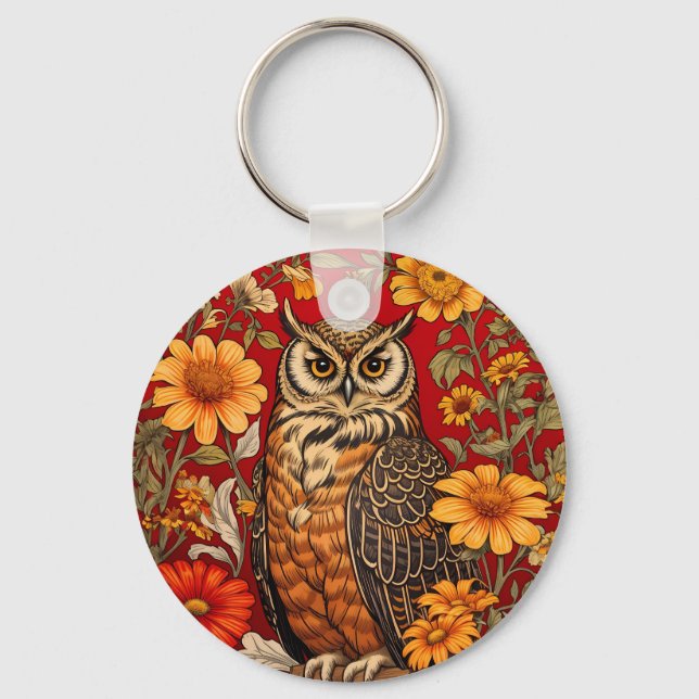 Porte-clés Chouette À Rayures Et Fleurs De Zinnia (Recto)