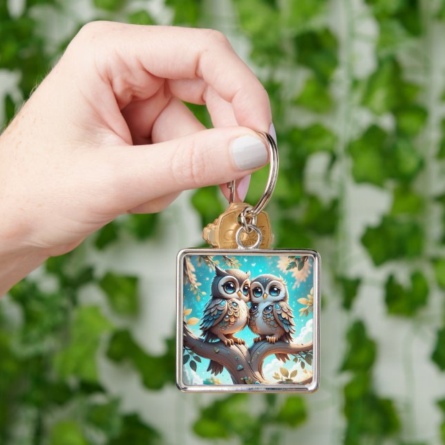 Porte-clés Chouette bleu Kawaii Chibi sur une branche d'arbre (main)