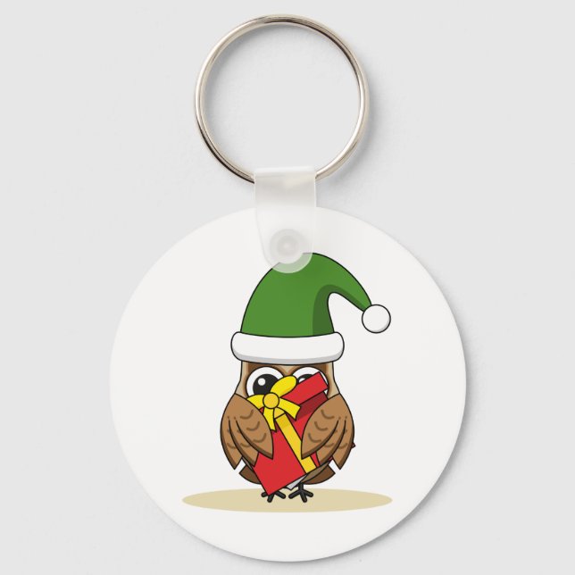 Porte-clés Chouette elfe de Noël avec présent (Recto)