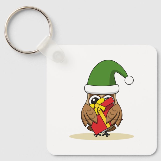 Porte-clés Chouette elfe de Noël avec présent (Recto)