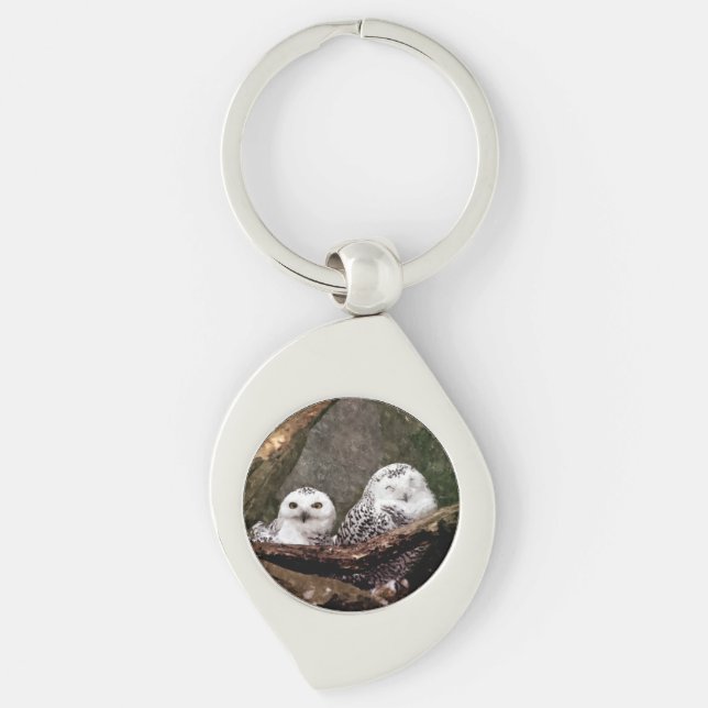 Porte-clés Chouette Harfang Couple Art Bois Faune (Devant)