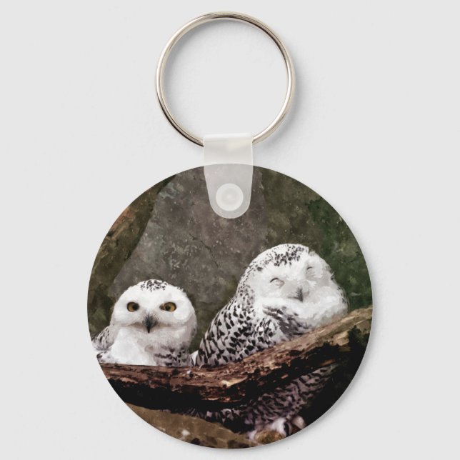 Porte-clés Chouette Harfang Couple Art Bois Faune (Recto)