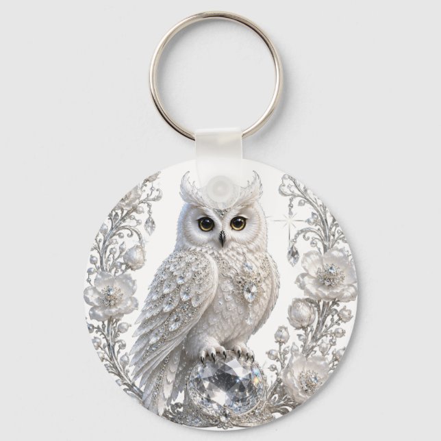 Porte-clés Chouette Perle de Cristal Blanc (Recto)