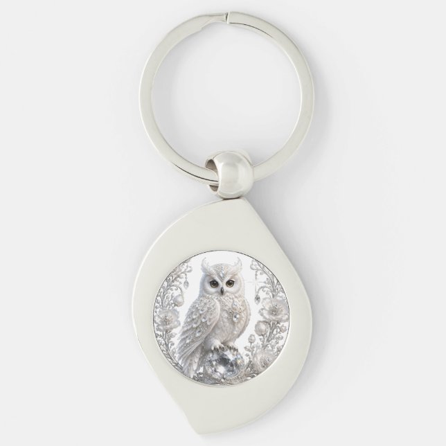 Porte-clés Chouette Perle de Cristal Blanc (Devant)
