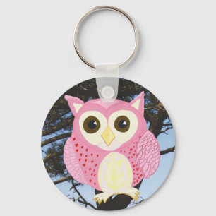 Porte-clés Chouette rose dans un arbre