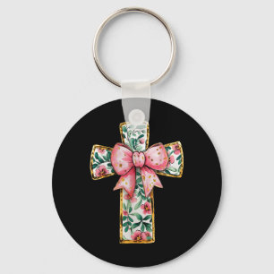 Porte-clés Christian Cross Floral Coquette Bow Pink Religieux