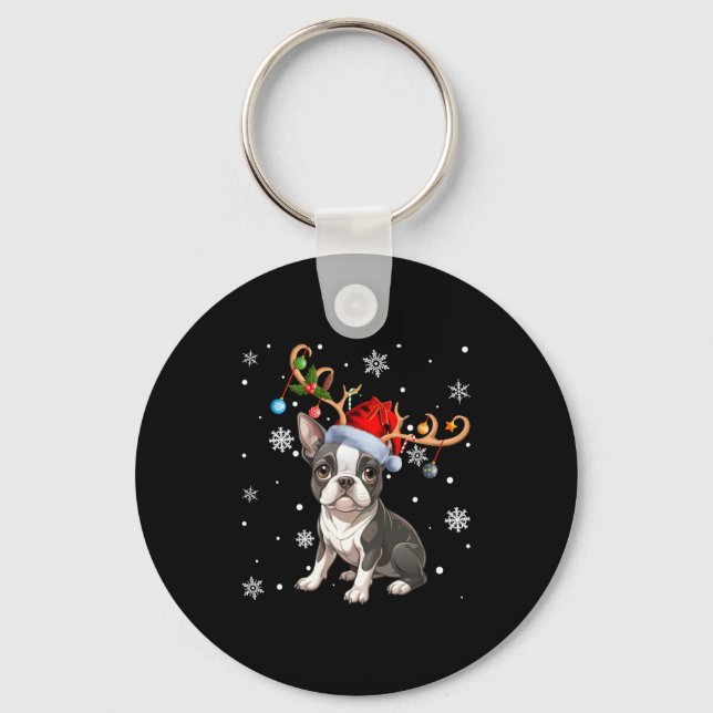 Porte-clés Christmas Light Reindeer Santa Hat Boston Terrier  (Recto)