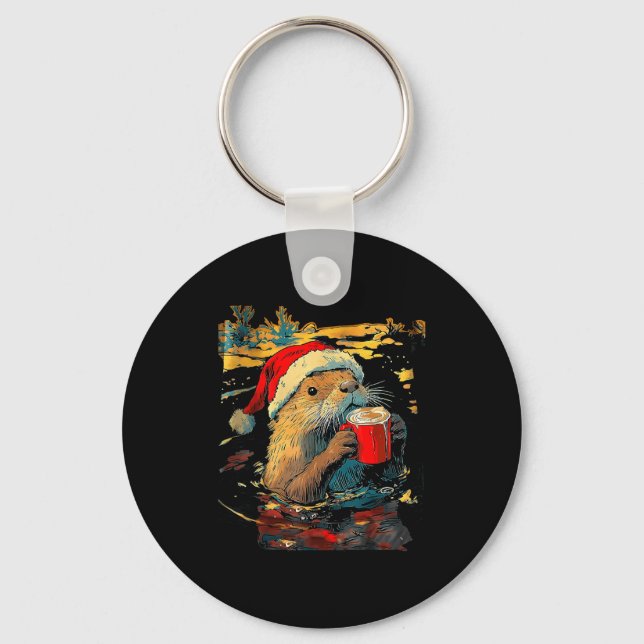 Porte-clés Christmas Otter Drinks Coffee Art Print  (Recto)