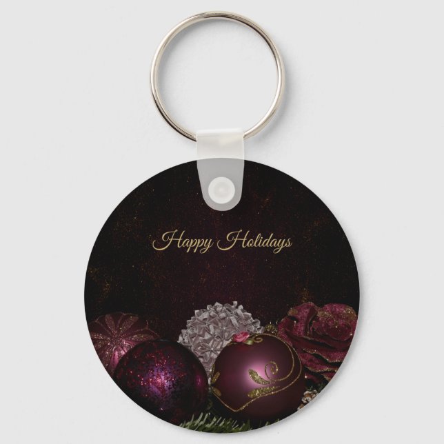 Porte-clés Christmas Party Pink Ornament Green Leaves Black (Recto)