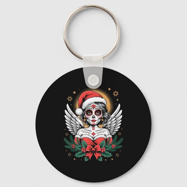Porte-clés Christmas Sugar Skull Art Woman Santa Hat Festive  (Recto)