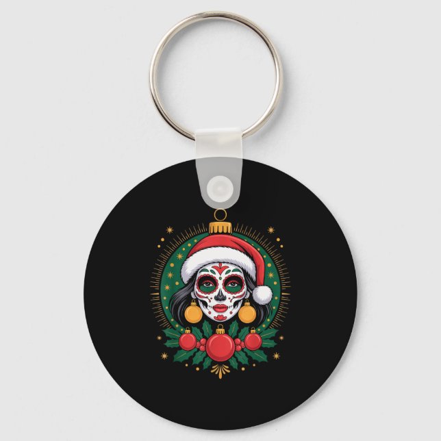 Porte-clés Christmas Sugar Skull Art Woman Santa Hat Festive  (Recto)