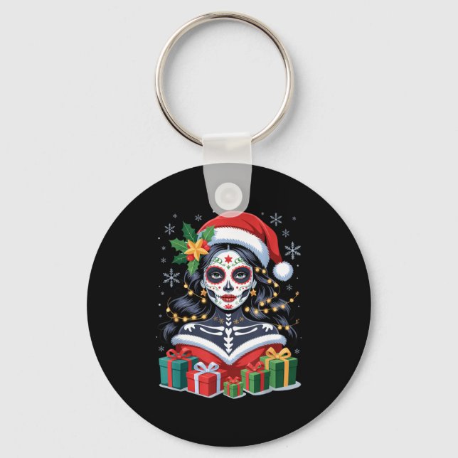 Porte-clés Christmas Sugar Skull Art Woman Santa Hat Festive  (Recto)