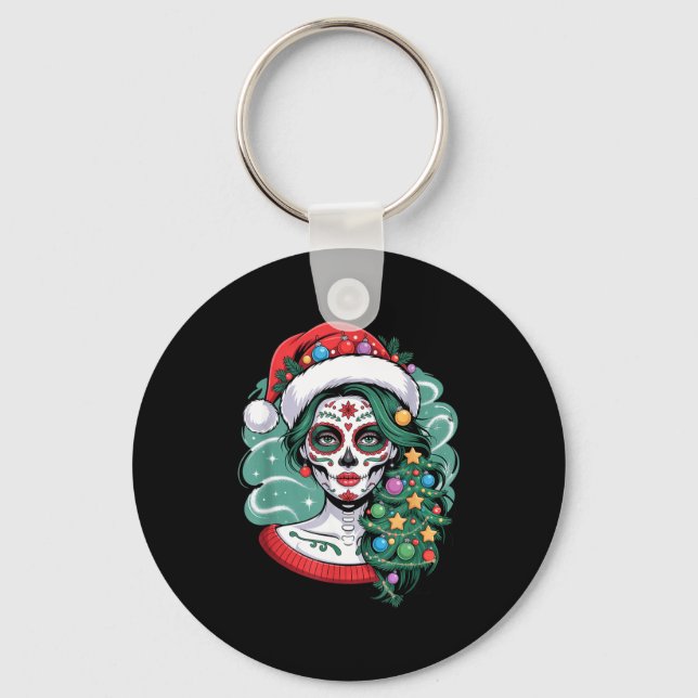 Porte-clés Christmas Sugar Skull Art Woman Santa Hat Festive  (Recto)