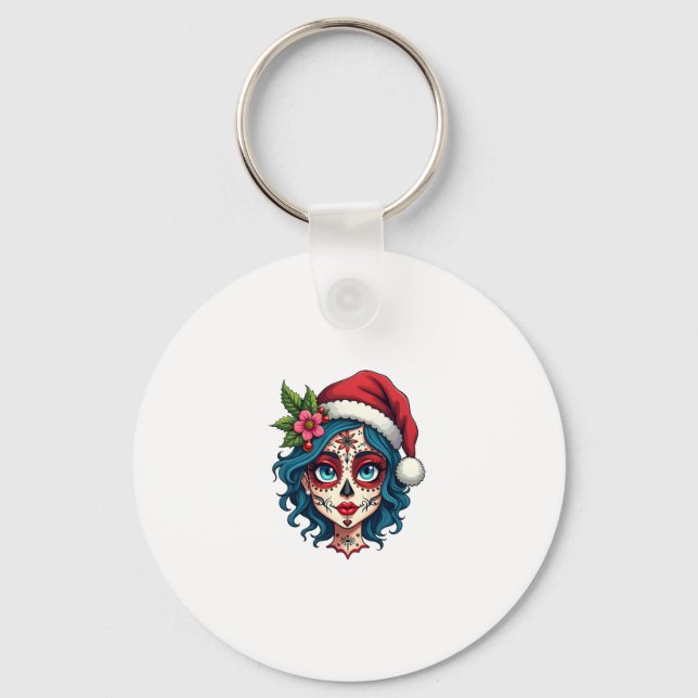 Porte-clés Christmas Sugar Skull Art Woman Santa Hat Festive  (Recto)