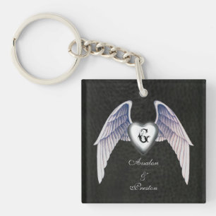 Porte-clés Chrome & Faux Cuir aile coeur Keychain