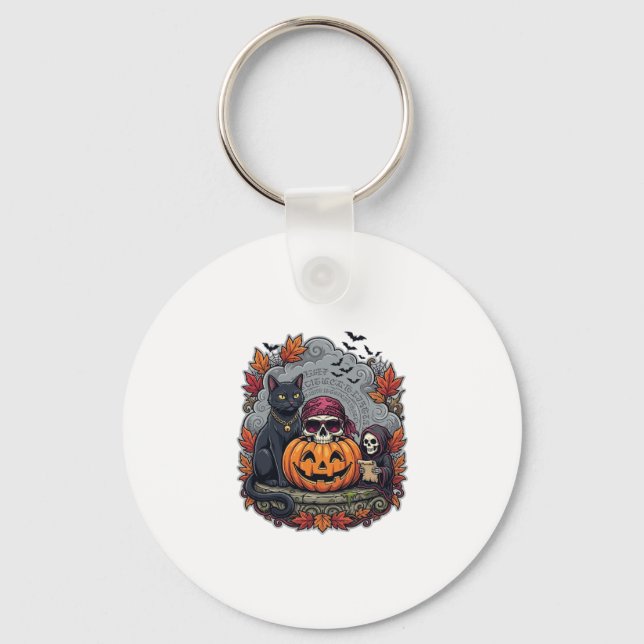 Porte-clés Citrouille de Halloween Chat Crâne Faucheuse Autom (Recto)