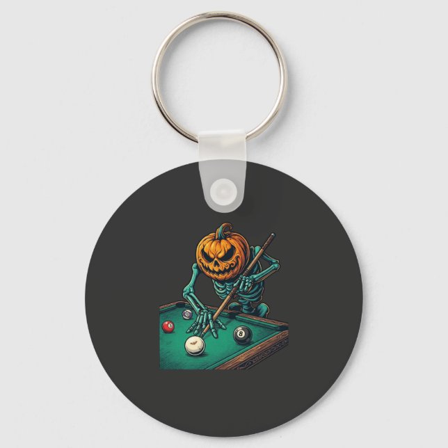 Porte-clés Citrouille d'Halloween squelette jouant au billard (Recto)
