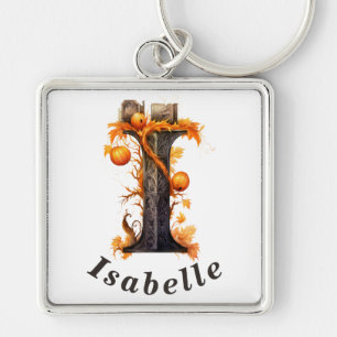 Porte-clés Citrouille Halloween Nom Lettre I Floral Monogramm