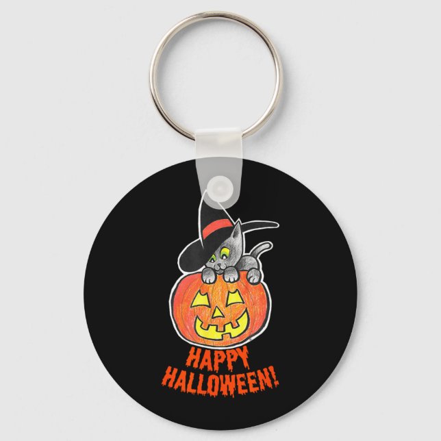 Porte-clés Citrouille Jack-O-Lantern Chat Noir Halloween (Recto)
