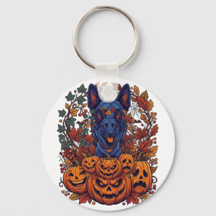 Porte-clés Citrouilles d'Halloween Pitbull Bleu Feuilles d'Au
