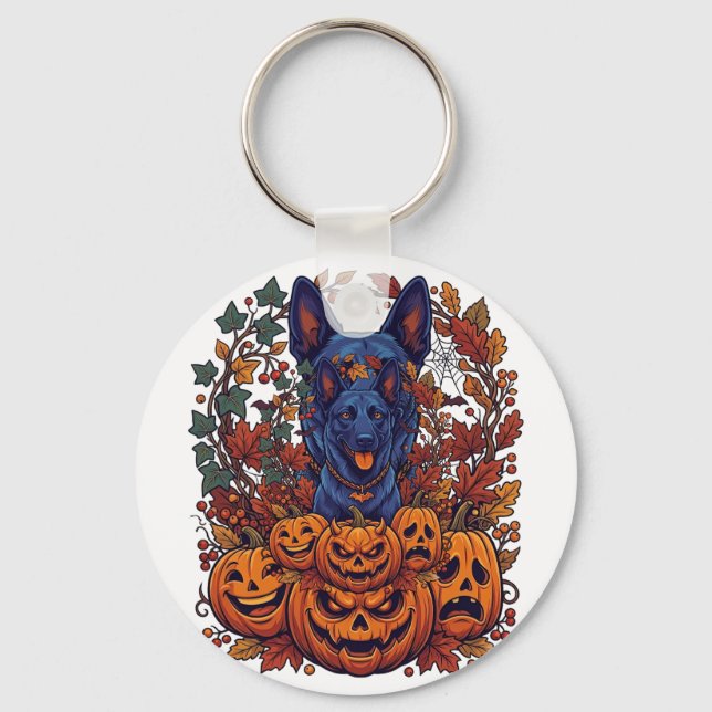 Porte-clés Citrouilles d'Halloween Pitbull Bleu Feuilles d'Au (Recto)