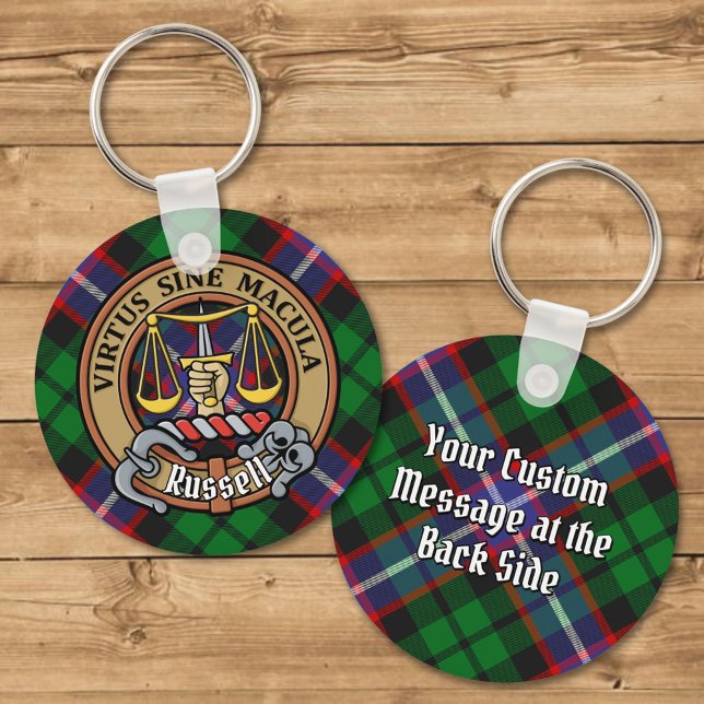 Porte-clés Clan Russell Crest over Tartan (Créateur téléchargé)